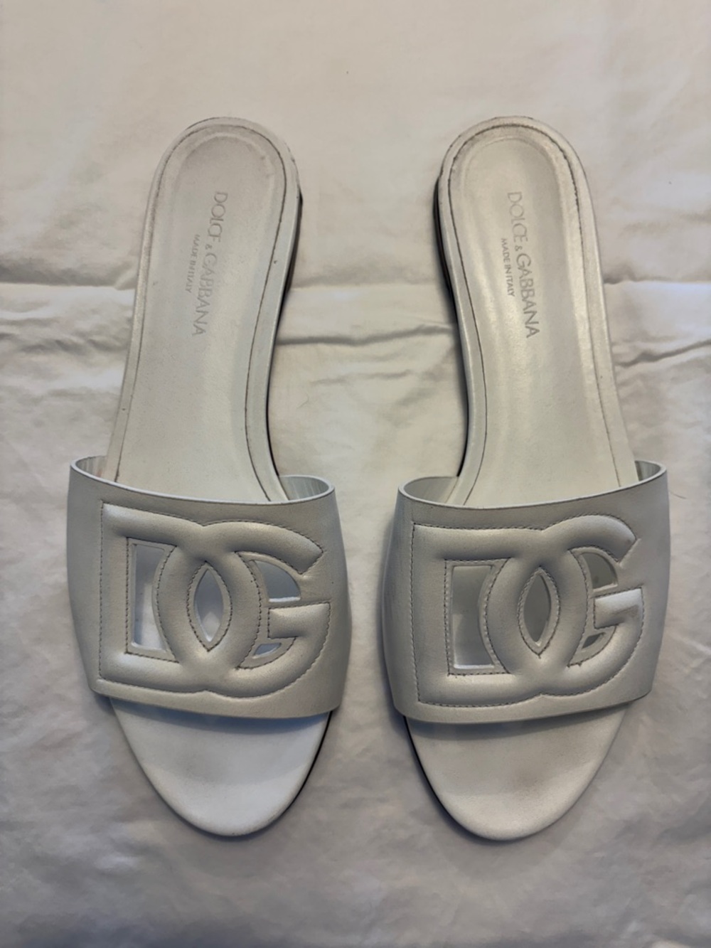 Dolce & Gabbana White Leather Logo Slide Mules